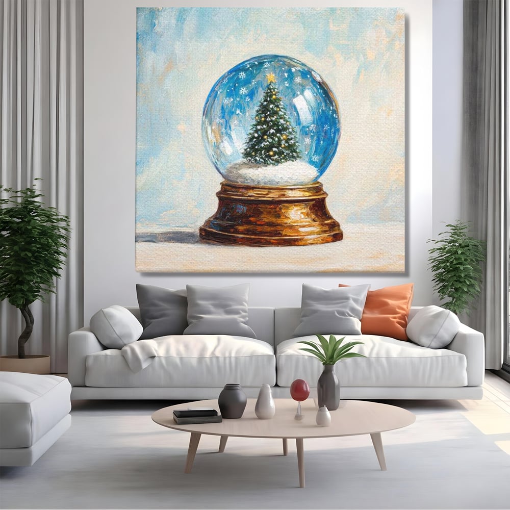 Tablou canvas cu tablou canvas cu glob de craciun, fara rama, pe sasiu de lemn, pe perete intr-un living